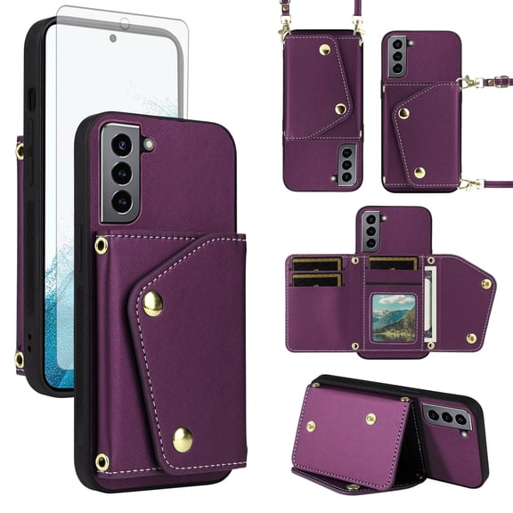 Furiet Wallet Case for Samsung Galaxy S22 5G & Tempered Glass Screen Protector Slim Flip Purse Shoulder Strap, Luxury PU Leather Card Holder Stand Phone Cover for S 22 22S 4G G5 6.1 inch Deep Purple