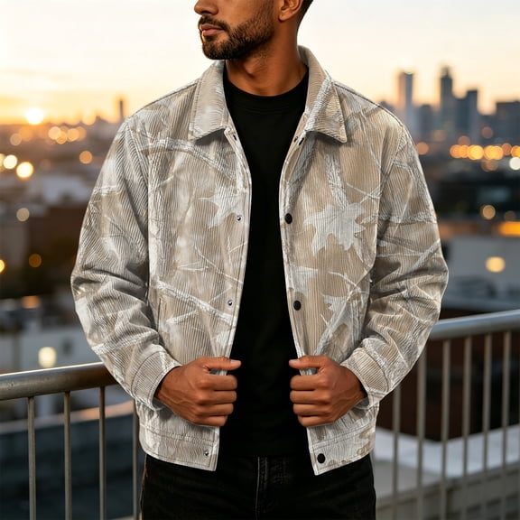 GrmtClth Mens Leaf Camo Mid Season Daily Jacket Long Sleeve Snap Front Loose Silhouette Cool Weather Layering Outerwear Khaki L