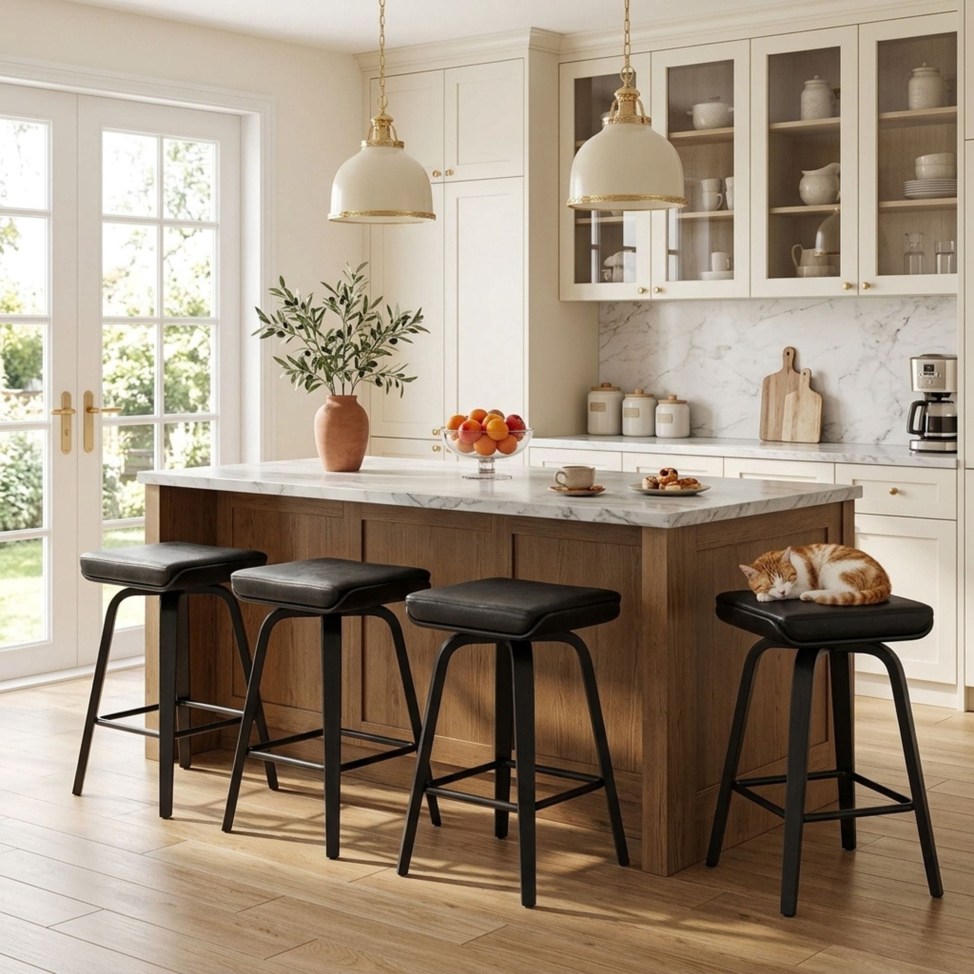 Guyou 26” Swivel Counter Height Bar Stools Without backrest, Upholstered Farmhouse Bar Stools with Footrest for Kitchen Island, Black-PU Leather(Set of 4)