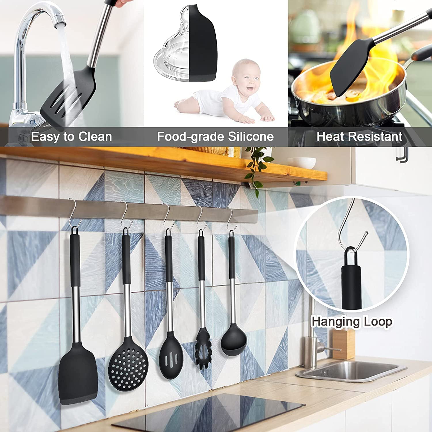 Pranski silicone cooking kitchen utensils set- 392? heat resistant dishwasher  safe kitchen utensils sets for cooking