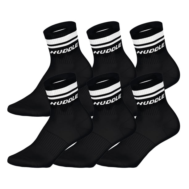 HUDDLE Calcetines Unisex, pack de 6 – Rayas dobles, logo, Short Crew, calcetines deportivos, color liso Negro 35-38