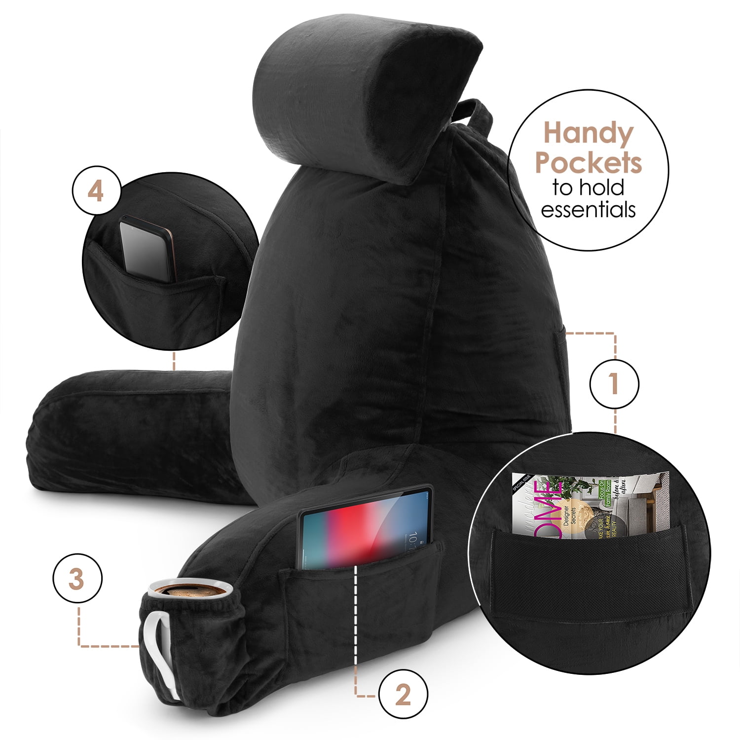 LAMMALOE Reading Pillow , Backrest Pillows with Arms, Plush Back Pillow Detachable Neck Roll, Shredded Memory Foam Bed Rest Pillow, Large, Black