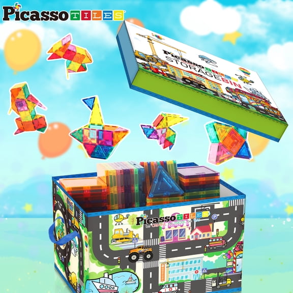 PicassoTiles Magnetic Tile Toy Organizer – Foldable City Theme Storage Bin with Lid & Handles, STEM Building Blocks Toy for Kids