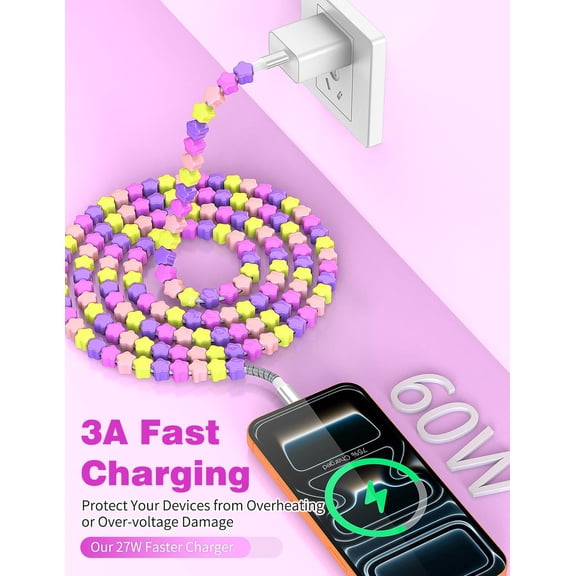 RIHJIN-3.3FT USB-C to USB-C Cable Star Beaded Charger Cord, Data Sync & 60W Fast Charging Type C Cable for iPhone 17 16 15 Samsung Galaxy S26 S25 Pixel 10 iPad Pro Air Cute Kawaii Cable Women Girls