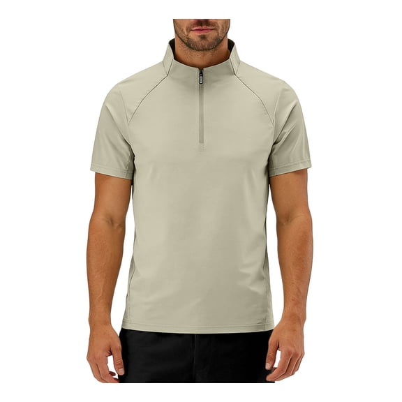 VSSSJ T-Shirts for Men Quarter Zipper Short Sleeve Stand Collar Workout Shirt Loose Gym Fitness Athletic Lightweight Cycling Shirts Khaki 6XL