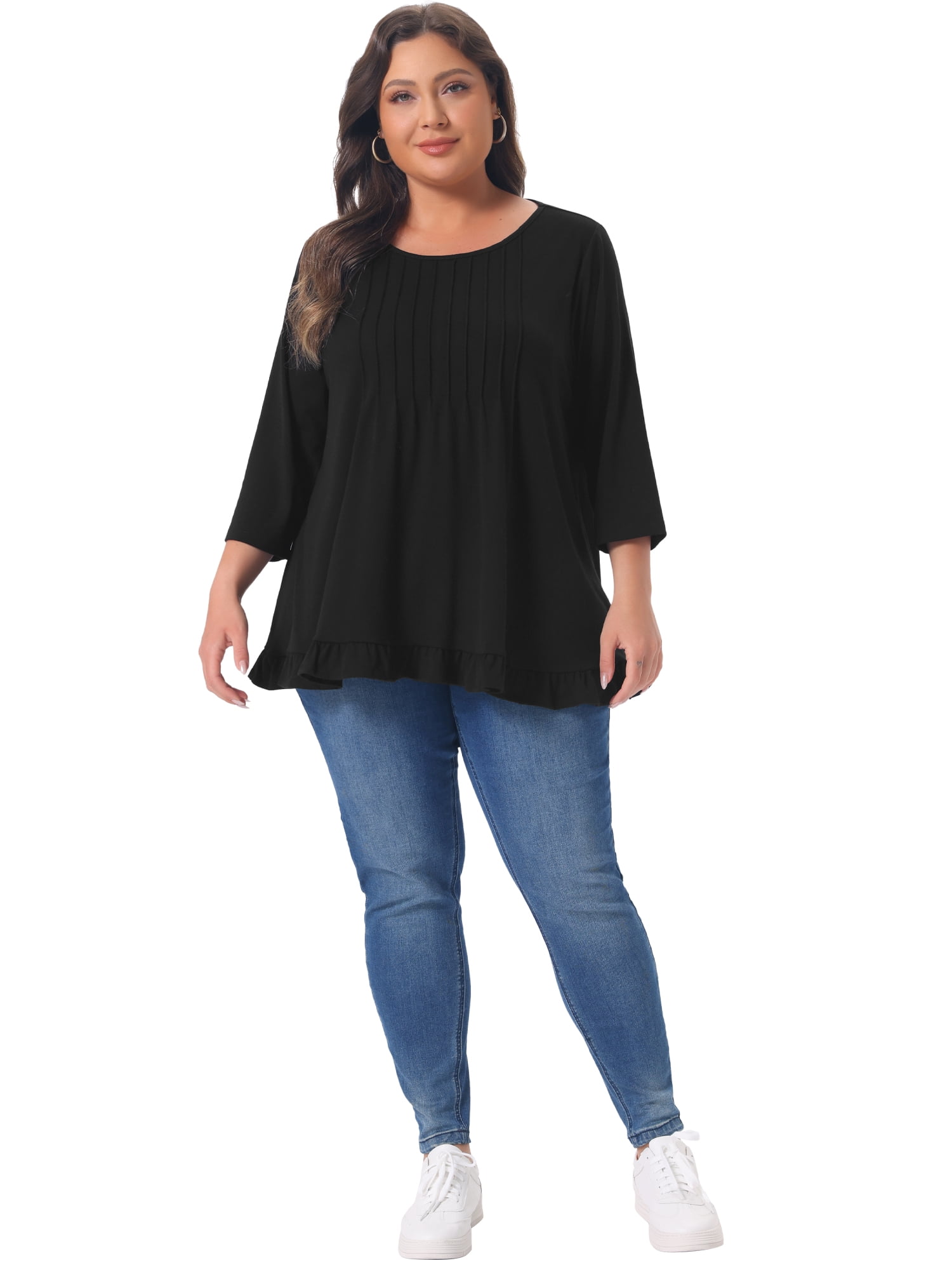 DARING DIVA Women's Plus Pleated Crew Neck 3/4 Sleeve Blouses 4X Black