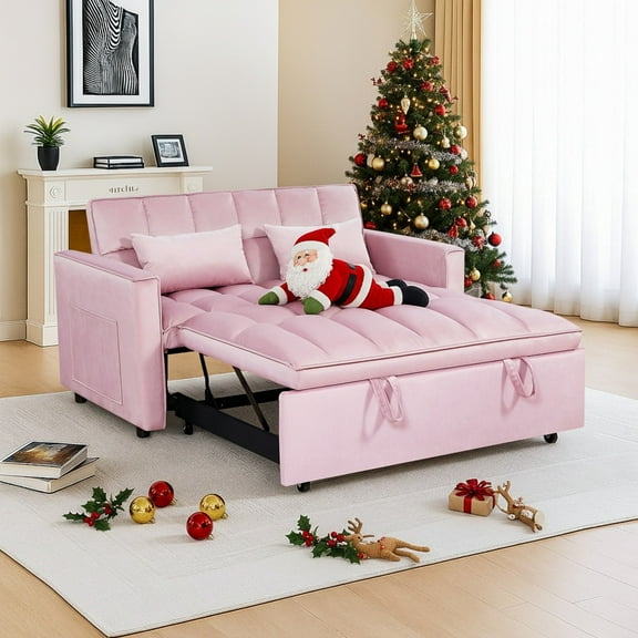 Yardi Yarda 54 Inch Adjustable Backrest Sofa, Sofa Bed, Futon Sofa with Double Armrest and Pouch, Variable Bed for Living room, Bedroom, Pink