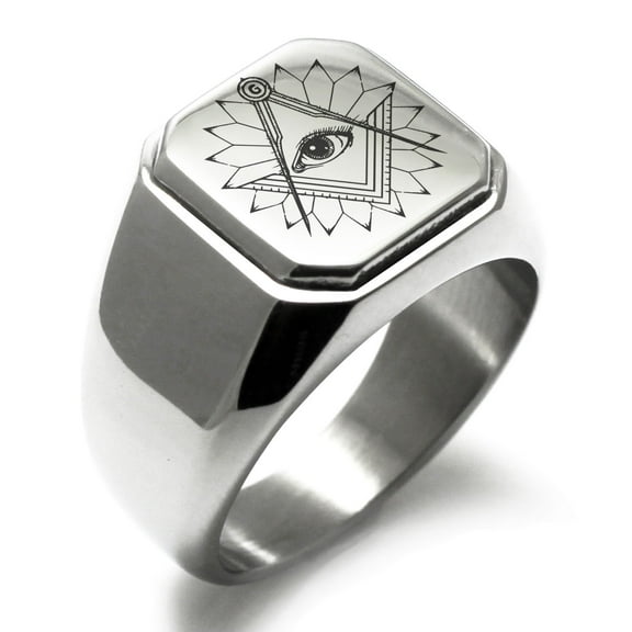 Stainless Steel Freemasons Masonic Lotus All Seeing Eye Engraved Square Flat Top Biker Style Polished Signet Ring