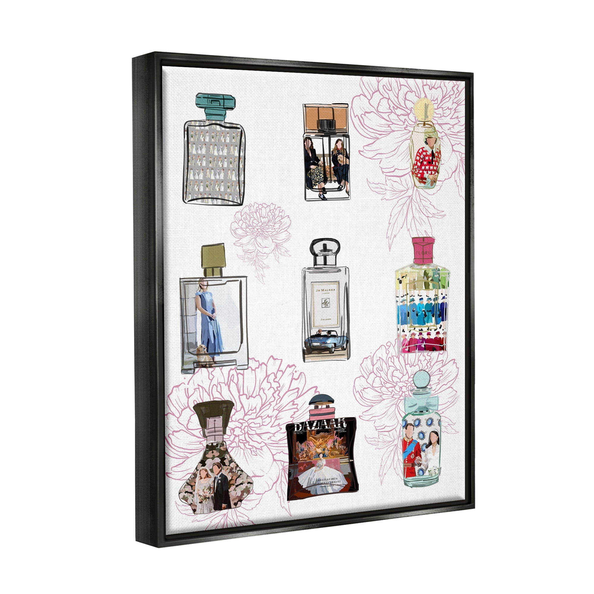 Stupell Industries Polished Perfume Stylish Luxury Fashion Flower Pattern Graphic Art Jet Black Floating Framed Canvas Print Wall Art, Design by Amelia Noyes