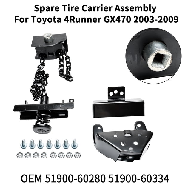 Spare Tire Carrier Assembly 51900-60280 designed for Toyota 4Runner and Lexus GX470 models from 2003 to 2009, excluding the 2005 Toyota 4Runner SR5. The assembly includes a black metal carrier with chains, mounting brackets, and hardware such as bolts and nuts for direct replacement. Compatible with OEM part numbers 51900-60280 and 51900-60334.