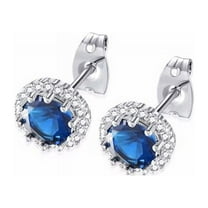 14k White Gold 1 Ct Created Halo Round Blue Sapphire Stud Earrings Plated