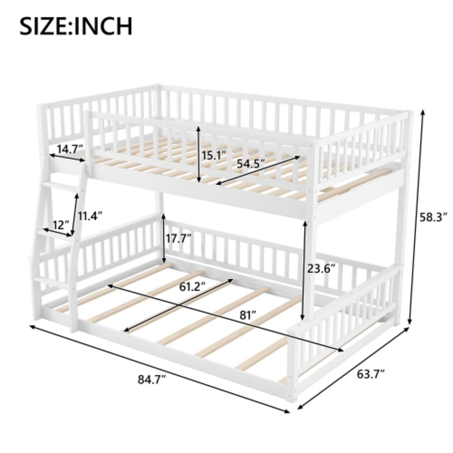 Full XL Over Queen Bunk Bed with Ladder, Convertible Wood Bunk Bed Frame with Safety Guardrails, Solid Pine Wood Space Saving Bed for Bedroom, White