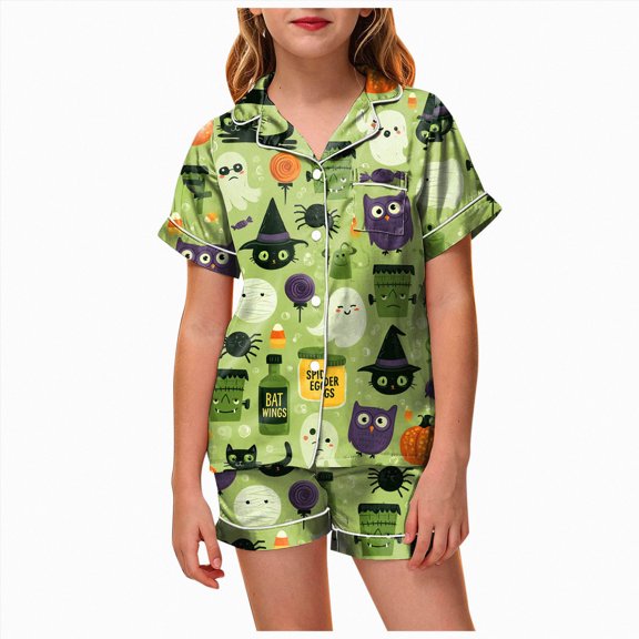Cdudpw Halloween Girl Silk Pajamas Sets Ghost Halloween Print Button Up Shirt and Shorts Sleepwear 2 Piece Pjs Outfits(A031-Green)
