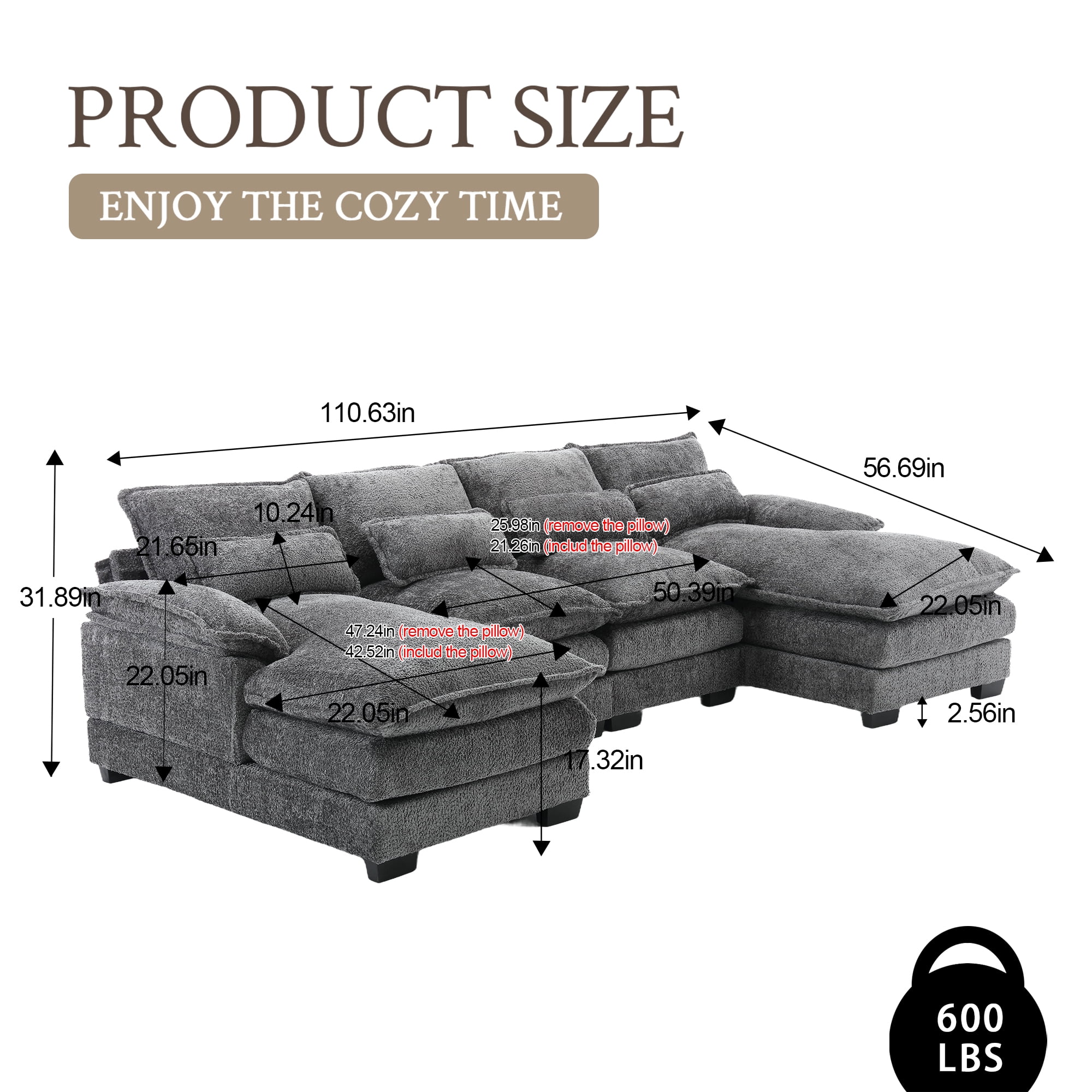 MOONMISS Chenille Upholstered U-Shaped Oversized four-seater Living Room Sectional Sofa With Wooden Frame-Gray