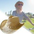 thumbnail image 4 of Visland Summer Straw Hat Hollow Out Foldable Adjustable Bead Decor Curled Edge Windproof Strap Western Cowboy Style Outdoor Cap, 4 of 8