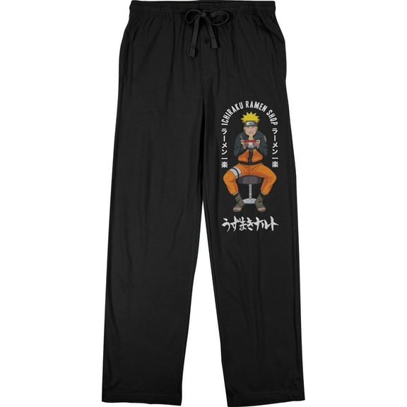 Naruto Shippuden Character and Logo Men's Black Drawstring Sleep Pajama Pants-L