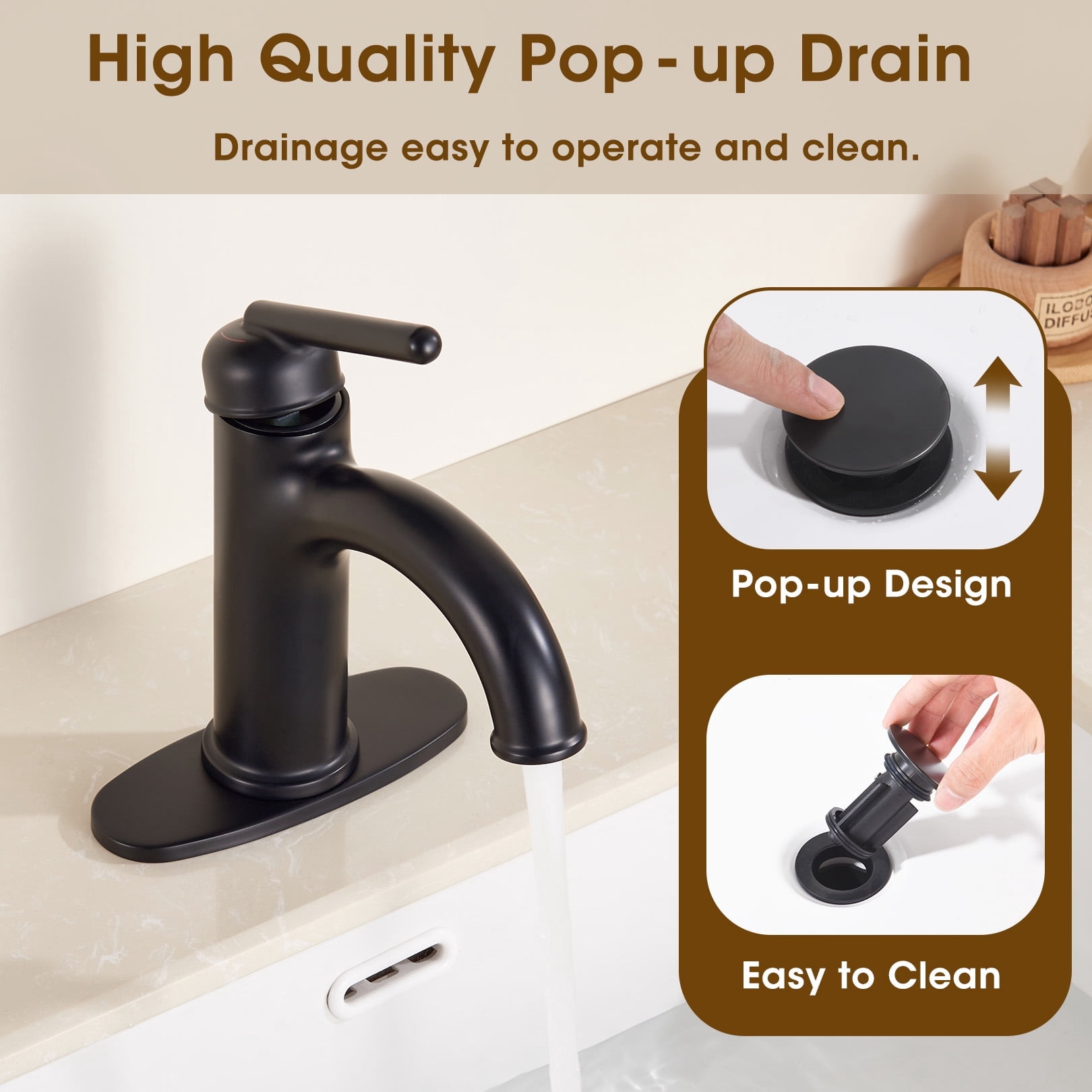 Wowkk Brass Bathroom Faucets Matte Black Bathroom Sink Faucets Single Handle Vanity Faucets Pop-Up Drain Included, Modern RV Faucet with Water Supply Line and Deck Mount 1 or 3 Hole