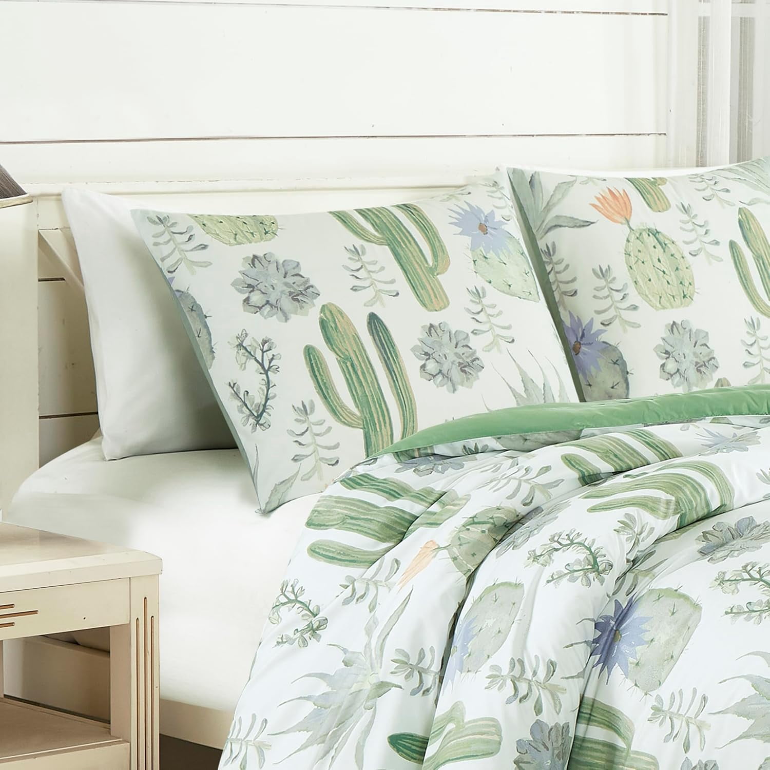 Chezmoi Collection Cereus 3-Piece Southwestern Serene Desert Comforter Set, Green Blue Cactus Succulent Plant Printed Washed Microfiber Bedding, Queen