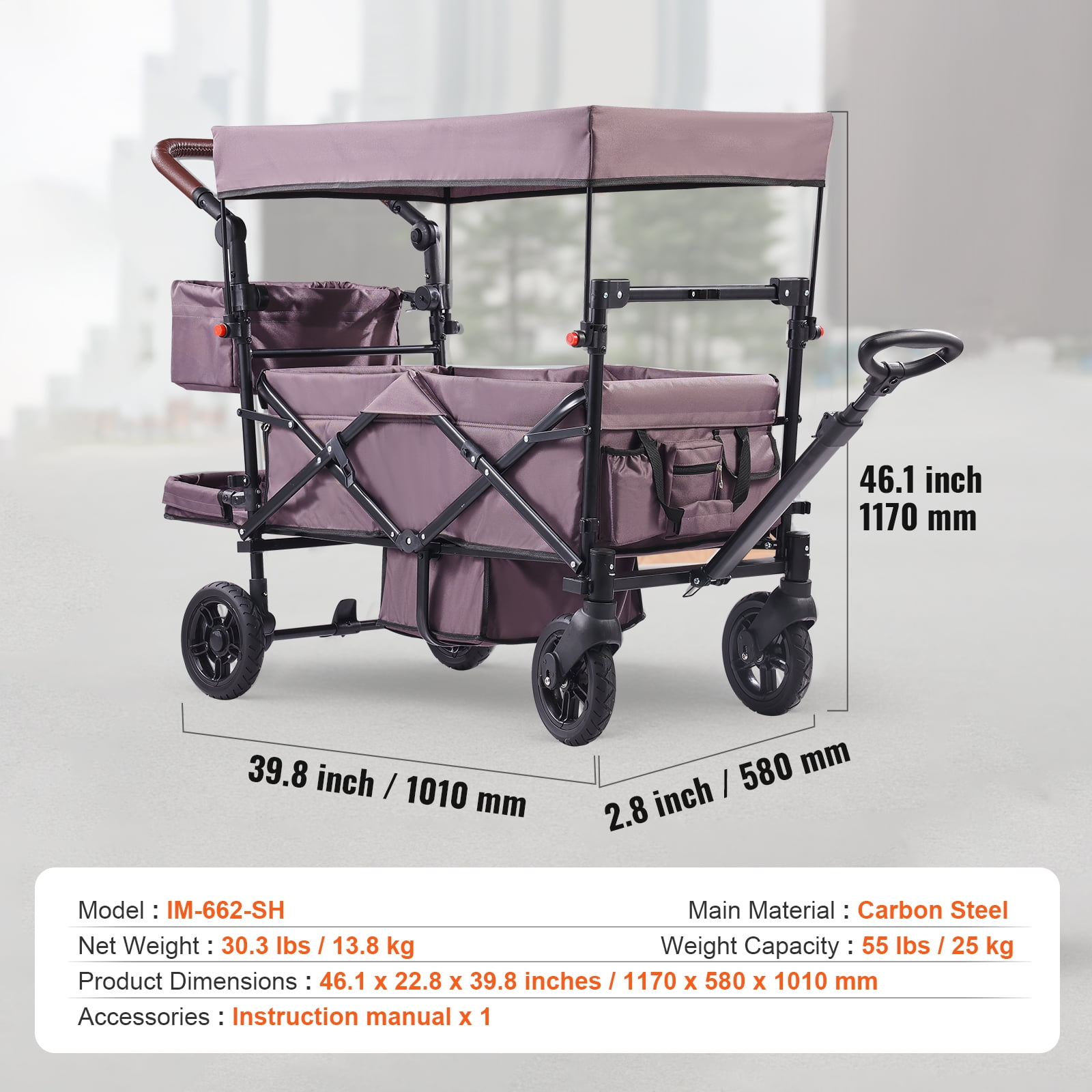 KFFKFF Wagon Stroller for 2 kids, All-Terrain Stroller Wagon with Detachable Canopy, Parent Organizer, Adjustable Handlebar, Large Capacity Storage Bag, Dark Purple
