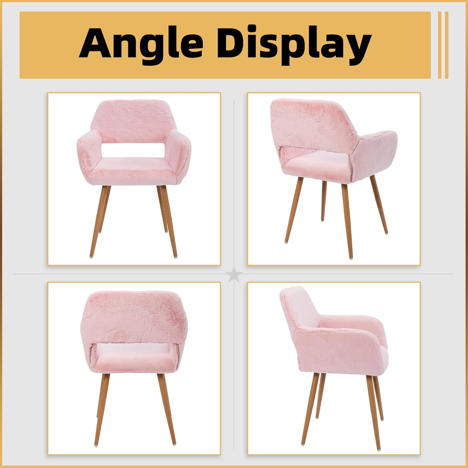 CRXX Desk Chair, Modern Home Office Chair Without Wheels, Faux Fur Vanity Chair with Hollow Backrest, Comfy Armchair Wood Frame with Strudy Metal Legs, Pink