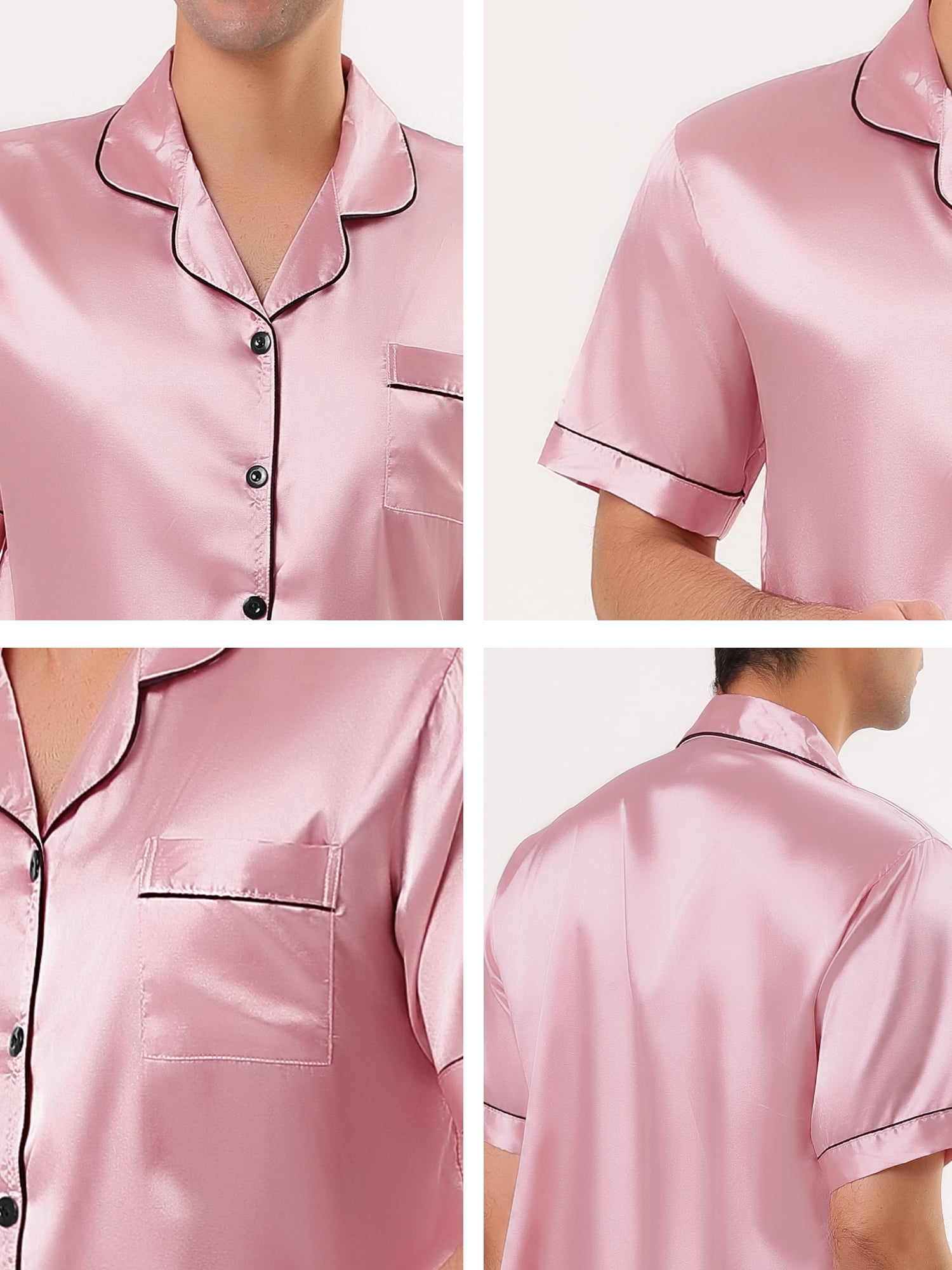 Unique Bargains Men's Button Down Satin Pajama Sets Short Sleeves Nightwear Large Pink