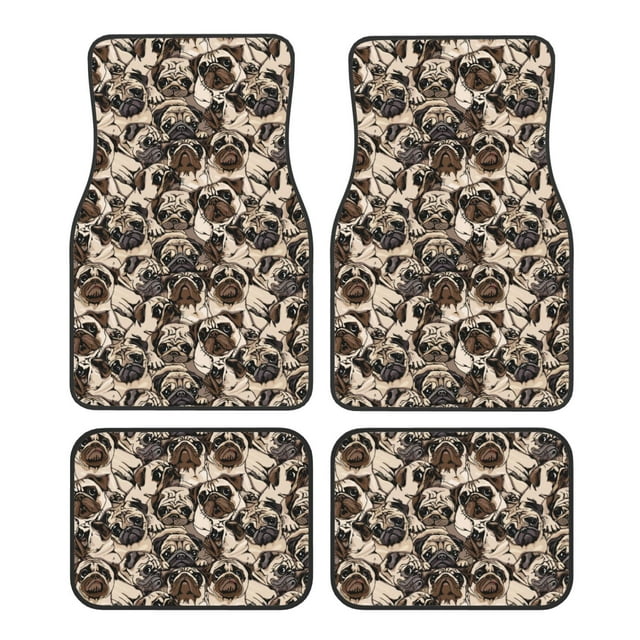 Lsque Pug Print 4-Piece Floor Mats, Heavy-Duty Rubber Liners, Anti-Slip Design, All-Season Automotive Protection, Vehicles, Cars, Trucks, and SUVs