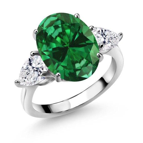 Gem Stone King 925 Sterling Silver Green Created Emerald and Lab Grown Diamond Engagement Ring for Women | 5.04 Cttw | Oval 14X10MM | Gemstone May Birthstone | Size 6
