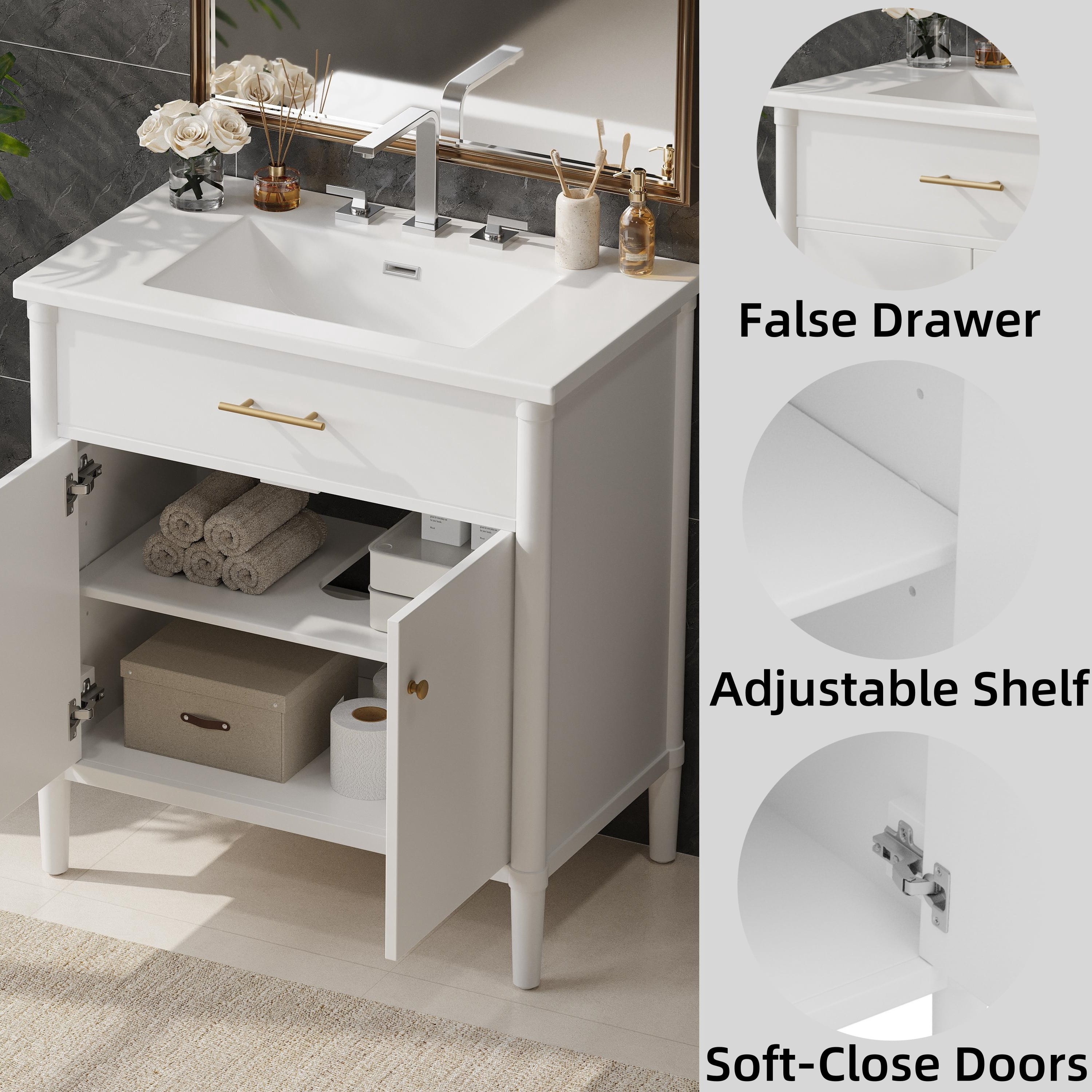Euroco 31" Bathroom Vanity with Sink, Bathroom Cabinet with Soft Close Doors and Adjustable Shelf, Curved Profile Design, Rubber Wood Legs, White