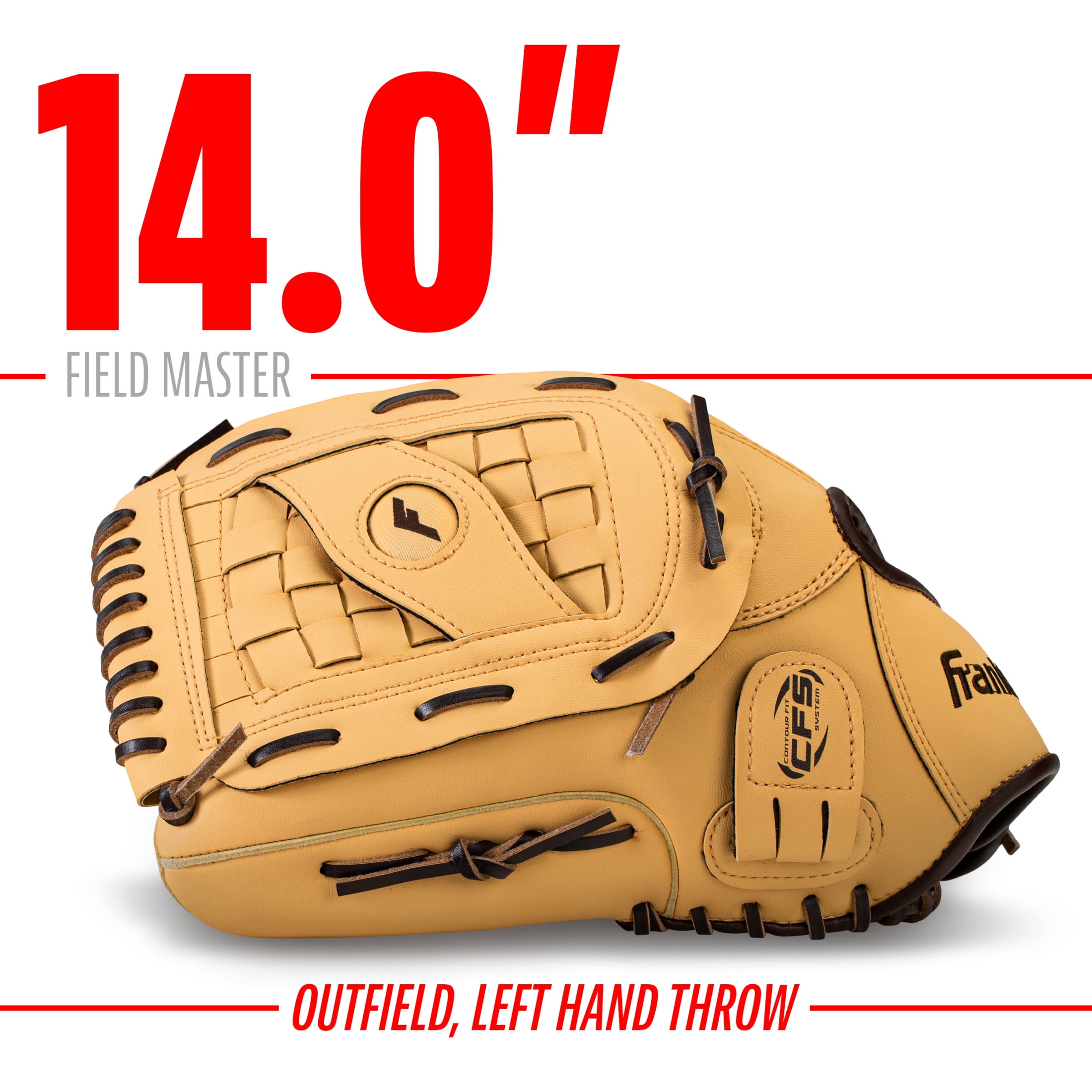 Franklin Sports Field Master Baseball + Softball Glove, 14 in, Camel Brown, Left Hand Throw