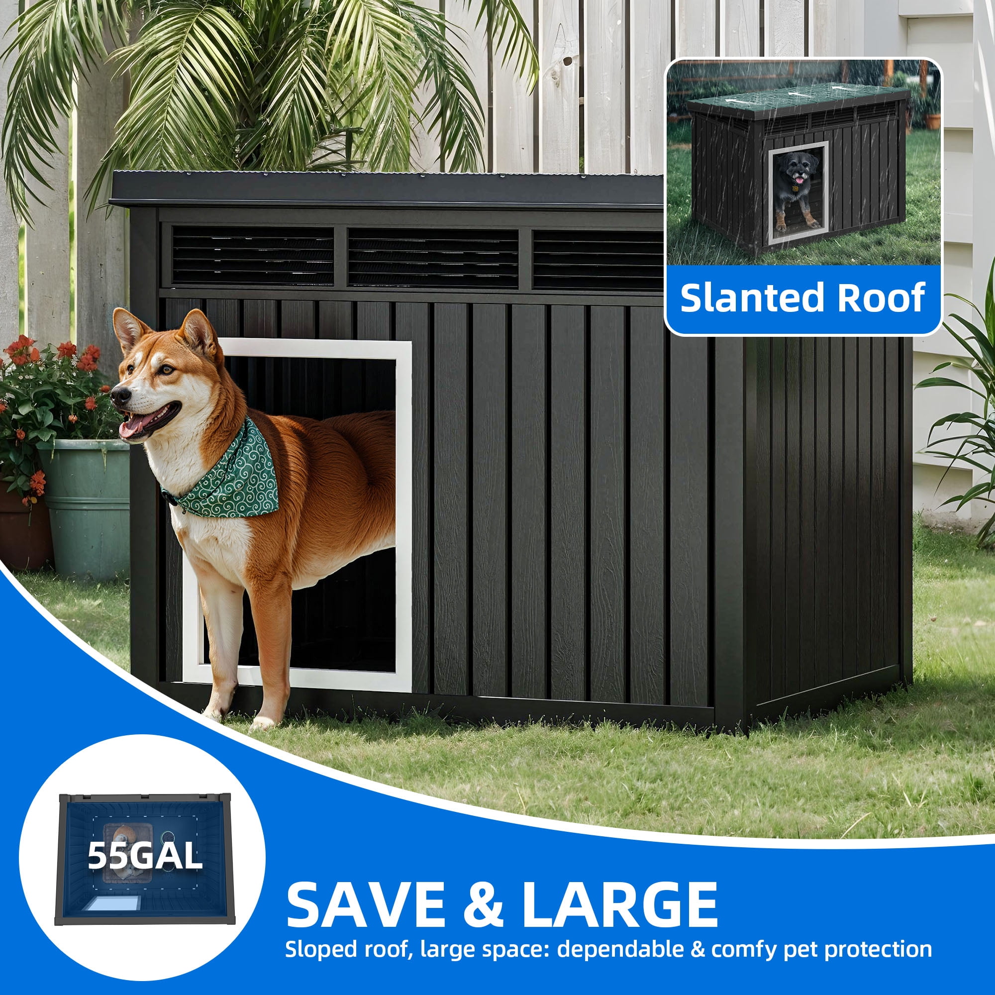Dextrus Plastic Dog House with Lift-Up Sloping Roof,Indoor & Outdoor Dog Kennel,Waterproof & Ventilated,Black,31.9"D x 24.8"W x 24.1"H