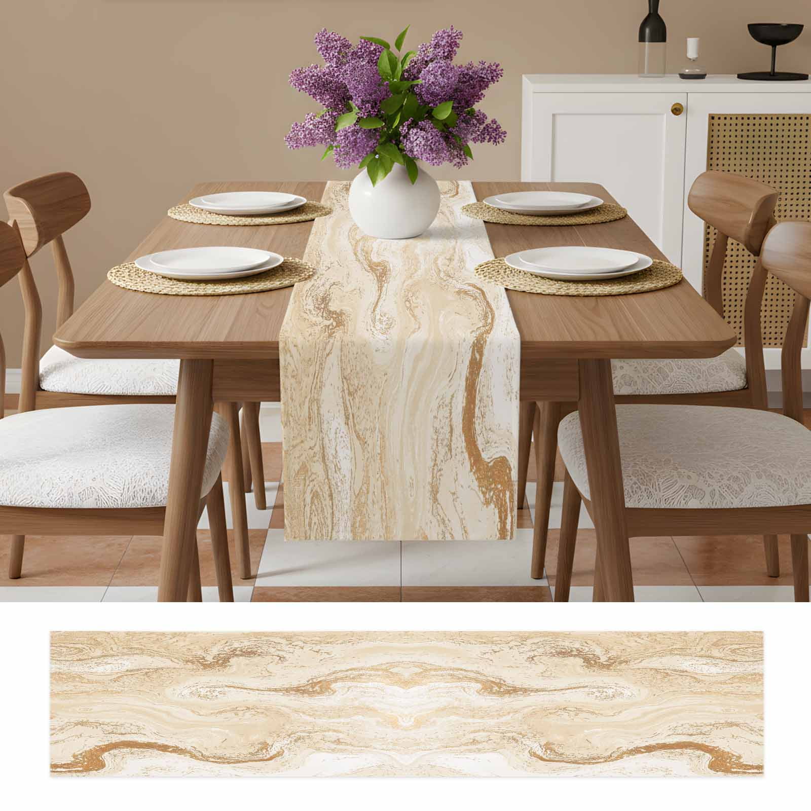 Beige Marble Table Runner, Chic Neutral Minimalist Fluid Aesthetic Washable Cotton Linen Table Runners 72 Inches Long, Dresser Scarf Runner for Dining/Coffee/Kitchen/TV Stands/Cabinets 13''x72''
