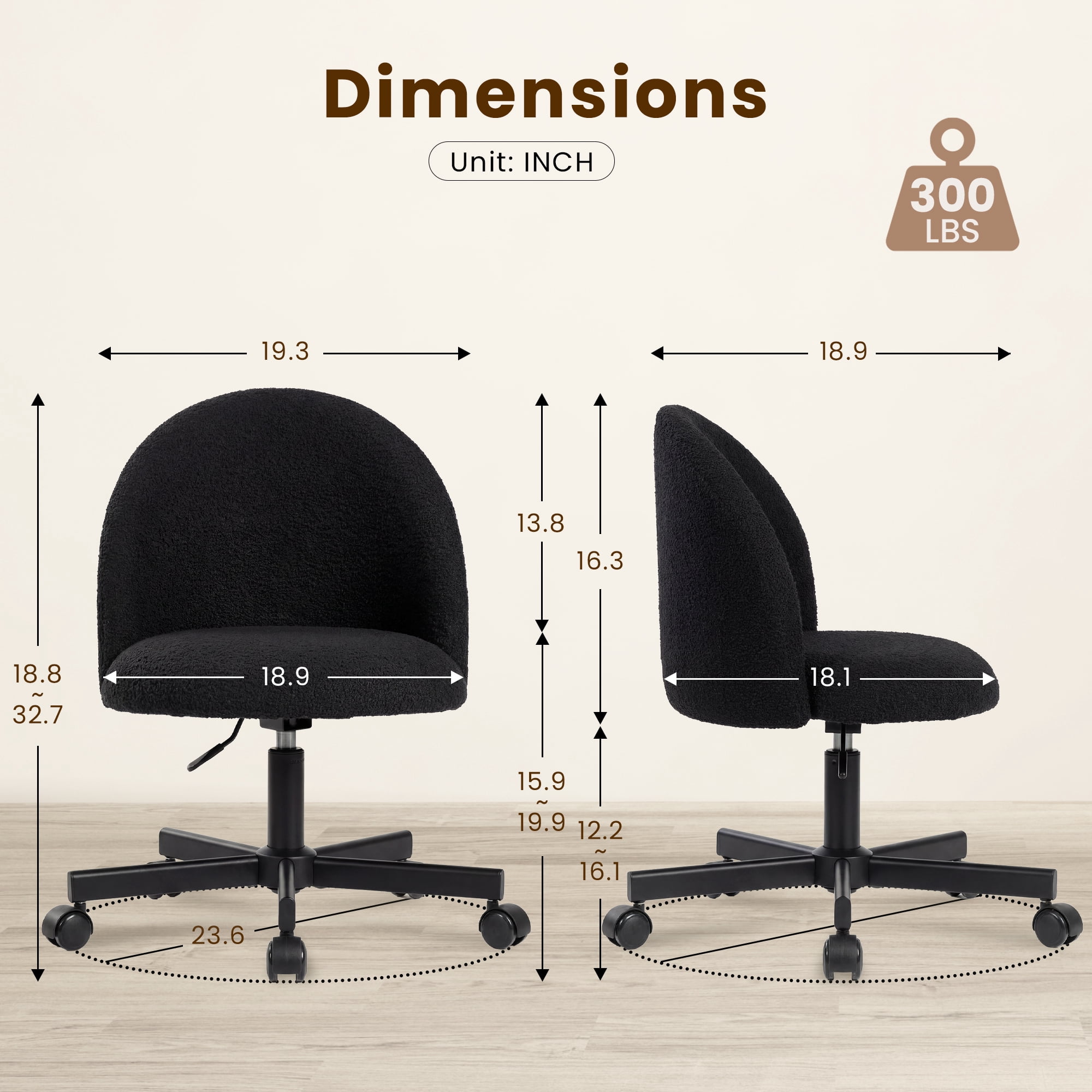 CELTOSS Home Office Desk Chair, Cute Teddy Fabric Swivel Vanity Stool, Mid Back Adjustable Armless Task Chair with Wheels, Black
