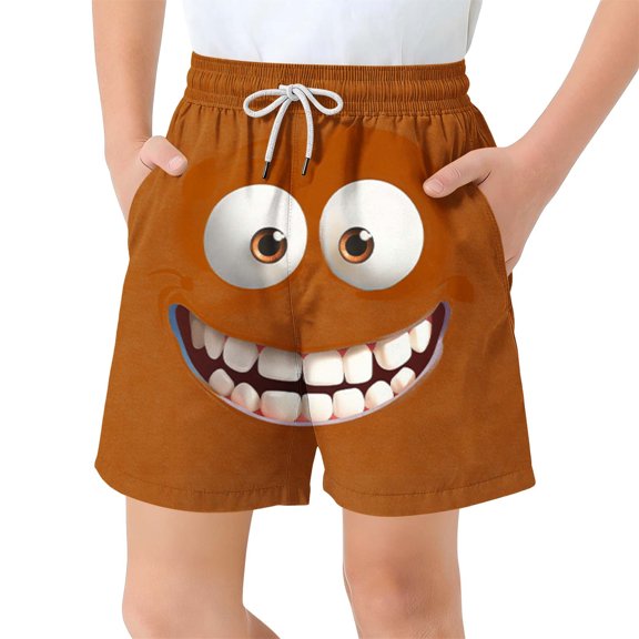 Boys' Angry Face Print Swim Trunks, Quick-Dry Elastic Waist Board Shorts with Pockets for Kids, 3-12 Years Orange 6-7 Years