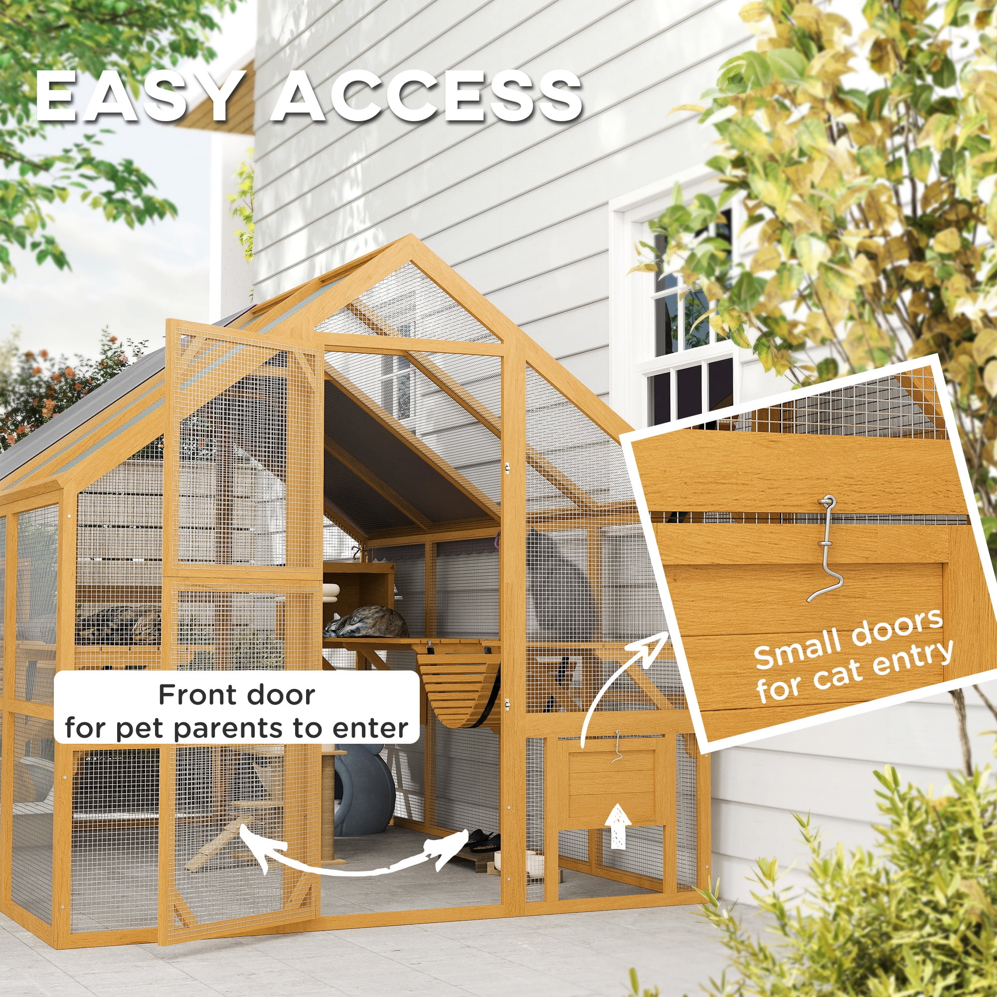 PawHut Large Catio Outdoor Cat Enclosure, Wooden Cat House for Multiple Kittens with Waterproof Cover, 2 Condos, 6 Platforms, Bridge, Doors, Yellow
