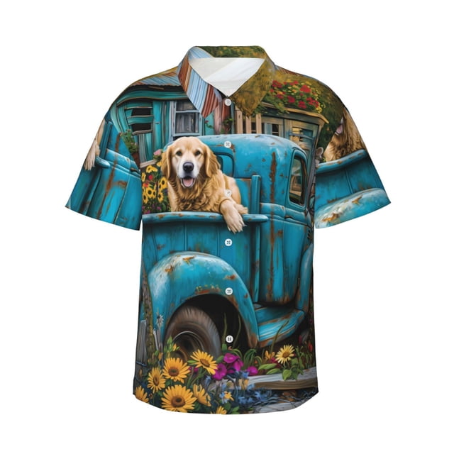 Fotbe Vintage Pickup Sunflower Dog Camisa Hawaiana para Hombre Unisex – Camisa Casual de Verano con Botones de Manga Corta de Algodón y Lino,Medium