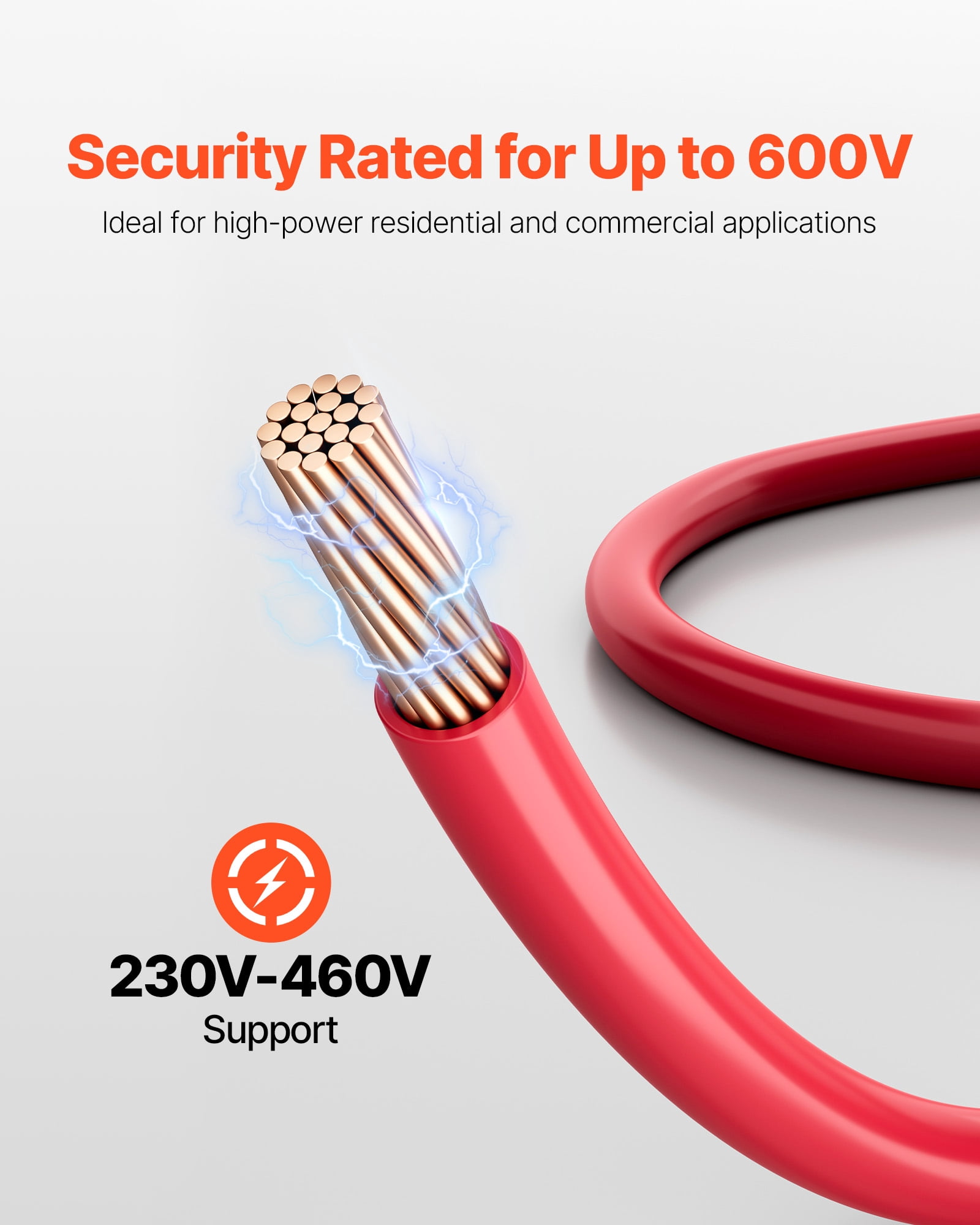 VEVOR 10 AWG THHN Wire, 19-Stranded, 100% OFC Copper Electrical Building Wire with Nylon Jacket, Rated for Up to 600 Volts, for Indoor & Outdoor Use, Commercial, Industrial, Residential, Red
