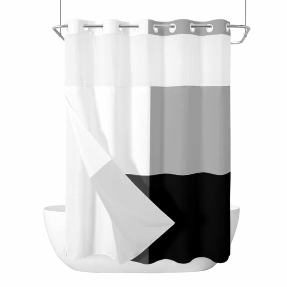 No Hook Modern Black Grey Shower Curtain with Snap in Liner Set, Abstract Minimalist Geometric Plaid Waterproof Bathroom Curtains with See Through Top Window, Hotel Style Extra Long 72 x 96 Inch