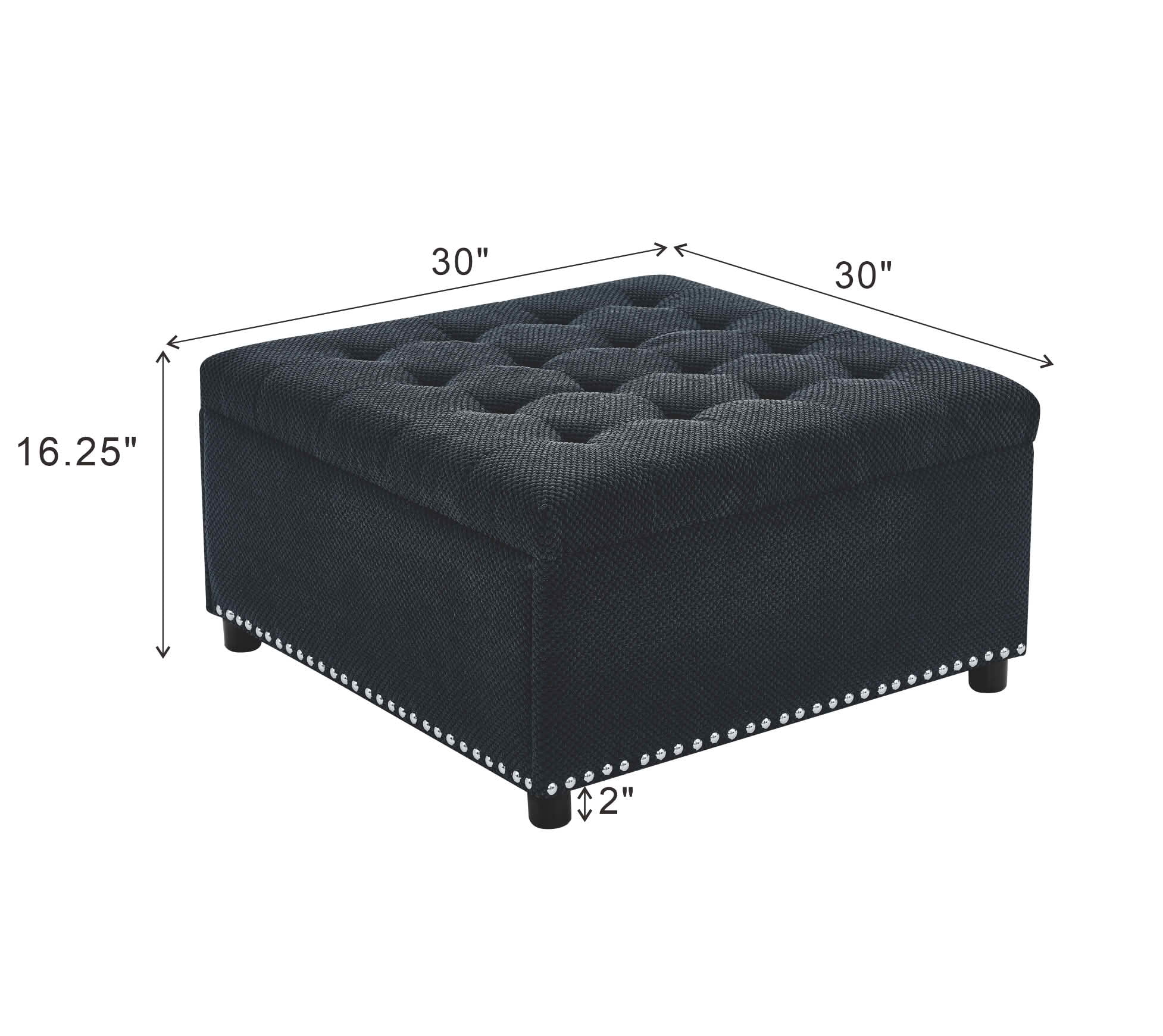 MAYEERTY 30 In Storage Ottoman, Tufted Footstool, Nailhead Trim, Square Ottoman, Black