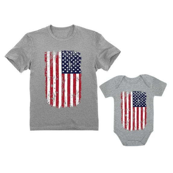 4th of July Vintage USA Flag Patriotic Shirts Father & Baby Matching Set Outfit Dad Gray Large / Baby Gray 24M (18-24M)