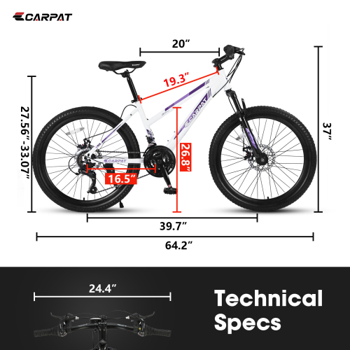 Harmie Mountain Bike [Ergonomic yet Durable Steel Frame] [Powerful Dual Disc Brake] Adult Riders Mountain Bicycle White Front Suspension 24 Inch Disc Brakes Steel Frame 21 Speed