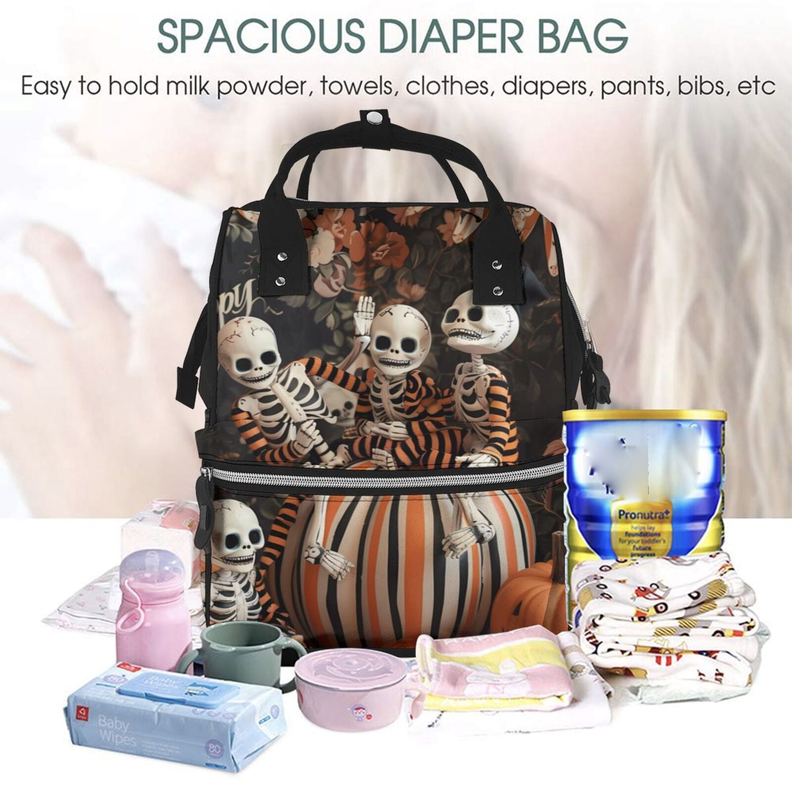 Fuzoiu Whimsical Halloween Skeletons Print Diaper Bag Backpack,Baby Essentials Travel Tote,Multi function Waterproof Diaper Bag, Travel Essentials Baby Bag - Unisex