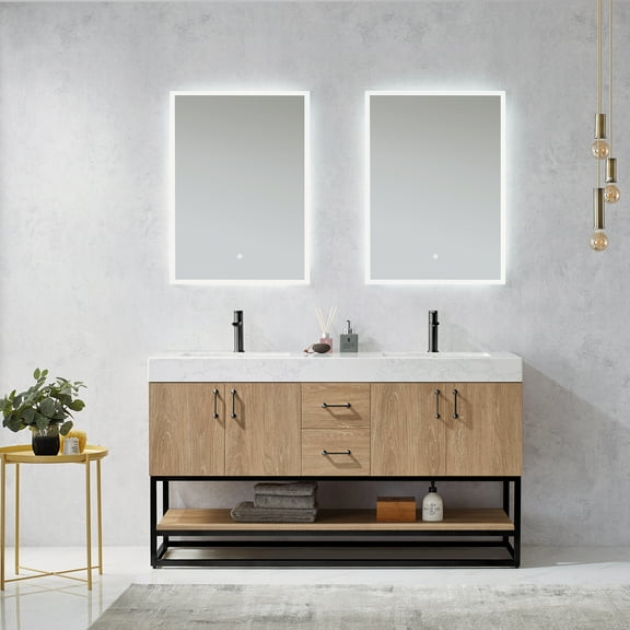 Vinnova Alistair 60" White Stone Top Oak Double Vanity Black Frame w/o Mirror