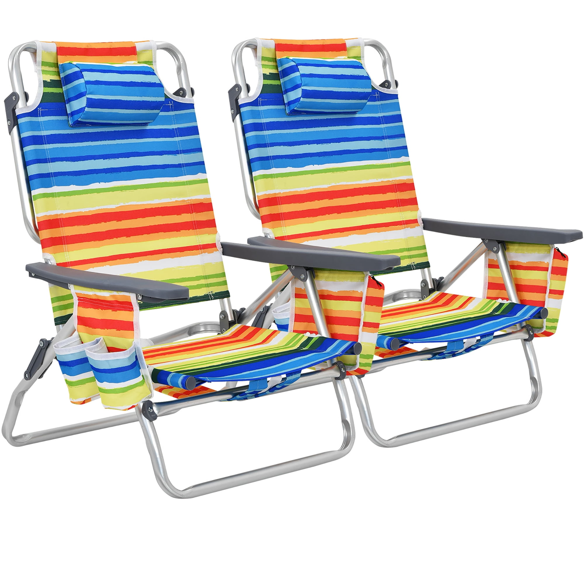 Costway 2-Pack Folding Backpack Beach Chair 5-Position Outdoor Reclining Chairs with Pillow Yellow