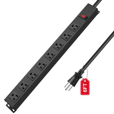 VILONG Metal 8 Outlet Power Strip, Wall Mount Long Heavy Duty Surge Protector for Commercial Shop,15A/125V/1875W, 6ft 14awg Extension Cord.(Black)