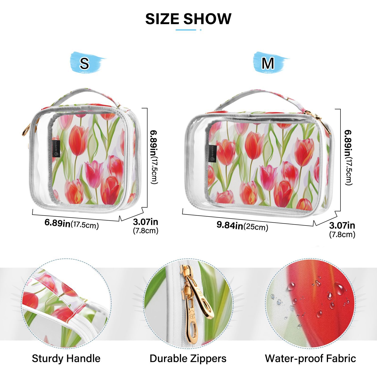 Clear Makeup Bags with Handle Large Opening 2 Pack Set Toiletry Bag Quart Size Bag, for Women Man Traveling Travel Essentials, Toiletries and Other. Tulipa Pattern