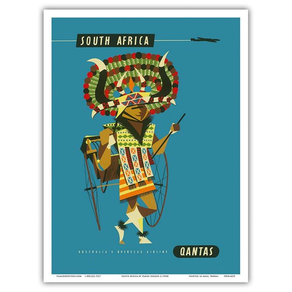 South Africa - African Native Costumed Dancer - Qantas Empire Airways (QEA) - Vintage Airline Travel Poster by Harry Rogers c.1960s - Master Art Print (Unframed) 9in x 12in