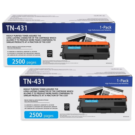 2 Pack TN431 Cyan High Yield Toner Cartridge TN-431 Compatible Replacement for Brother HL-L8260CDW L8360CDW MFC-L8900CDW L9570CDW Printer