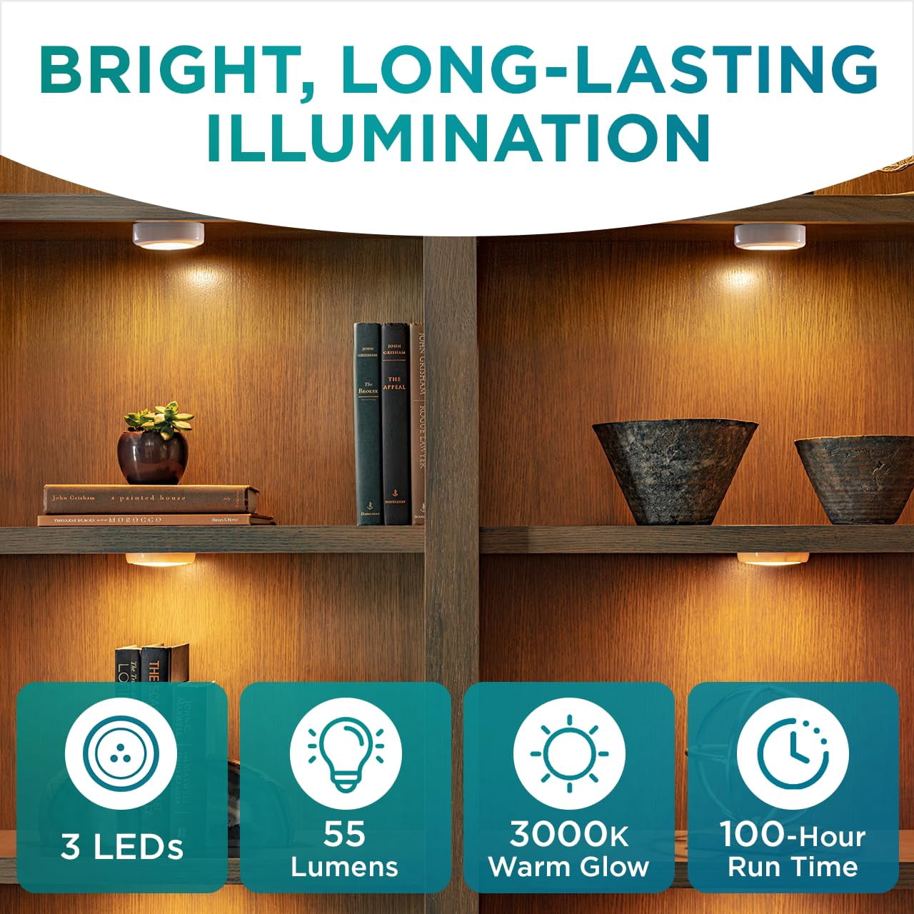 Brilliant Evolution Stick On Puck Lights - Battery Powered Cabinet Lights for Kitchen Under Cabinet Lighting - Wireless Tap On LED Touch Light, 3000K Warm White with Easy Installation - 9x9x2-Inch