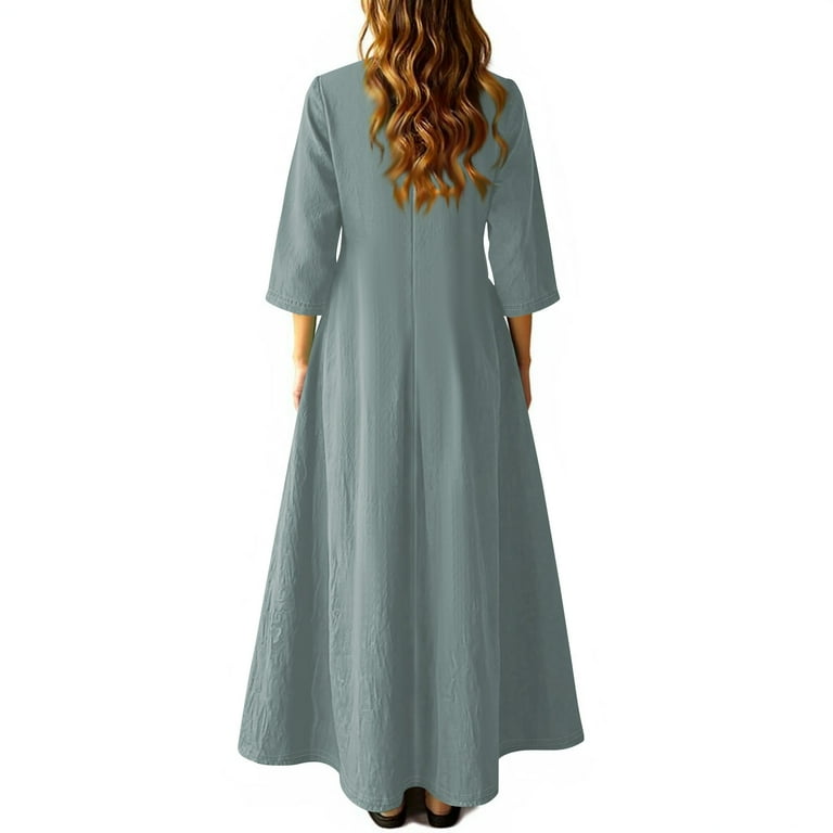 Suining 3/4 Sleeve Dress for Women Boho Maxi Dress 2025 Fall Casual Loose Long Maxi Dresses with Pockets Light Blue XL, Women's