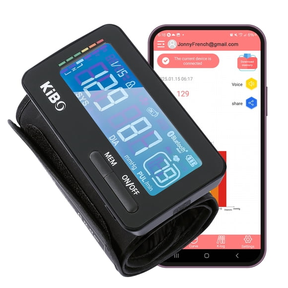 KiBO Tubeless All in One Upper Arm Automatic Digital Blood Pressure Monitor.Clinically Accurate with Bluetooth Function & APP,Large Cuff Size 22-42CM,Large Display,2 Users 150 Memories